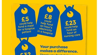Blue shopping tags with the cost of Marie Curie services written out, on a yellow backgroun